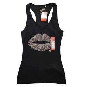 Guess‎ Womens Tank Top Rhinestone Lips Racerback Black Size XS